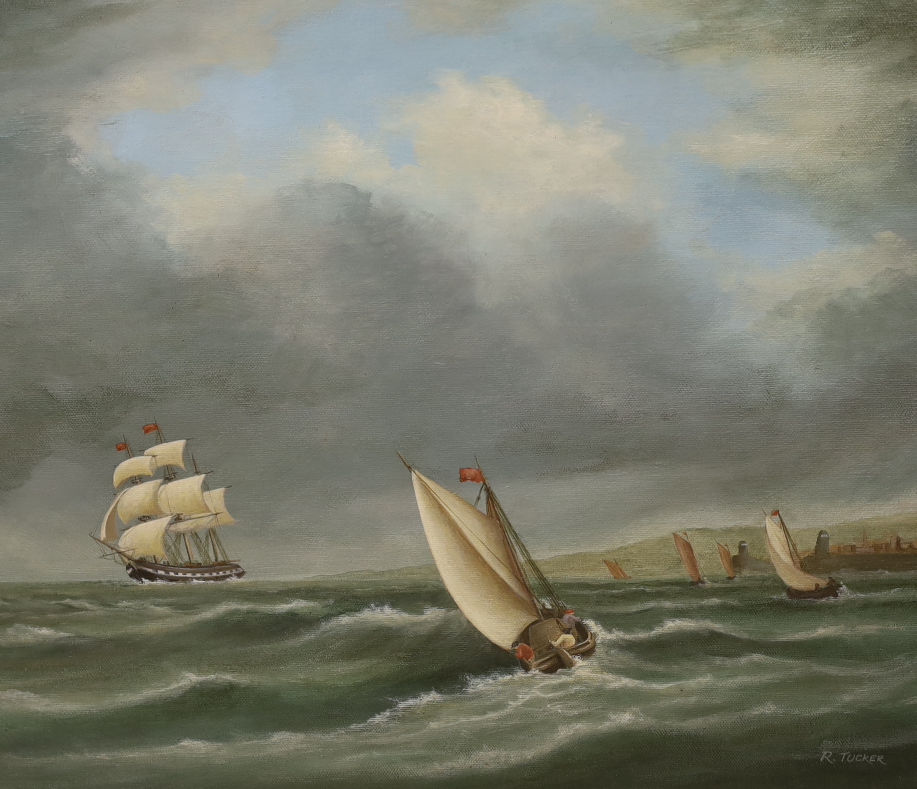Robert Tucker of Sussex, a pair of oils on board, Shipping off the coast, signed, each 43cm x 38cm